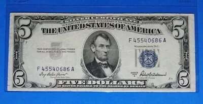 1953 A $5 Blue Seal Silver Certificate ! Vf. Circ. ! Old Us !  Nice !  • $8.02