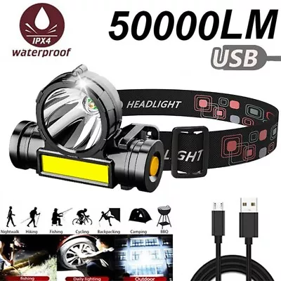 Super Bright Waterproof Head Torch Headlight LED CREE USB Rechargeable Headlamp • $11.36