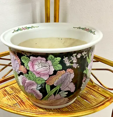 Vintage Chinese Fishbowl Flowers Pink Purple Black Planter Pot  7”  SEE VIDEO • $68.99