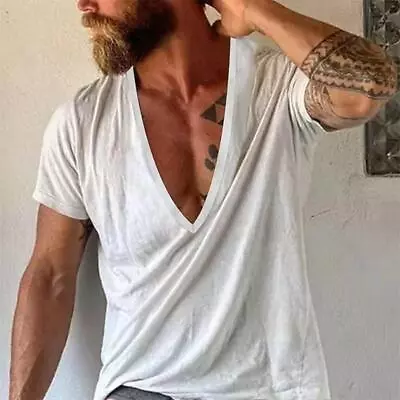 Men's Casual Simple Deep V Neck T-shirts Summer Slim Fit Blouse Tee Tops Beach • $16