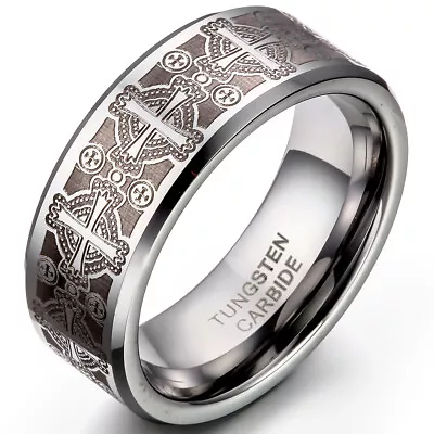 8mm Men's Tungsten Carbide Ring Comfort Fit Laser Celtic Cross Wedding Band • $13.99