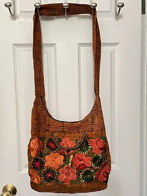 Hippie Boho Cotton Hobo Crossbody Bag Embroidered Floral Orange Brown EUC! • $16.95