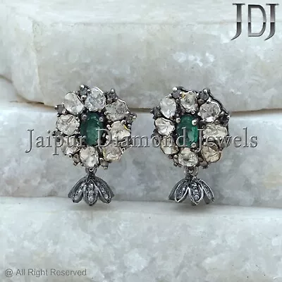 Emerald Gemstone Rose Cut Diamond Huge Stud Earrings Vintage Style Women Jewelry • $262.42