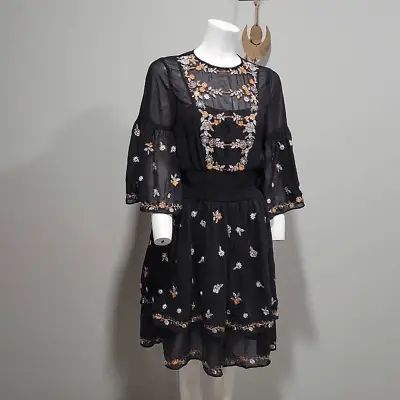 Anthropologie Maeve Mini Dress Women Size 2 Anfisa Black Floral Embroidery Sheer • $30