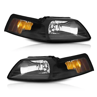 WEELMOTO Black Headlights For 1999-2004 Ford Mustang Left & Right Side Headlamps • $66.98