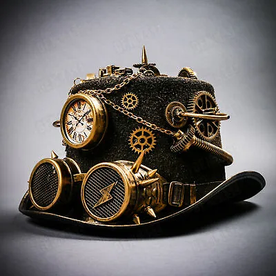 NEW Black Gold Gothic Top Hat Halloween W/ Clock Spike Costume Steampunk Goggles • $46.99