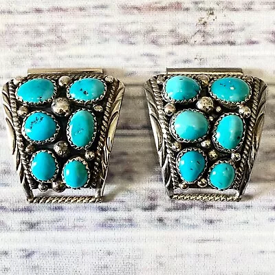 Vintage Navajo Sterling Silver Turquoise Large Watch Band Tips Signed SC • $124.99