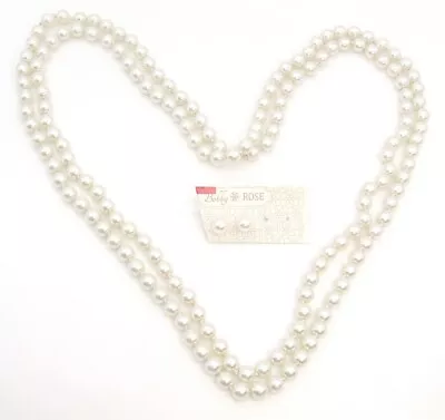 60  White 8mm Glass Pearl Knotted Strand Rope Necklace/Bobby Rose Earrings • $12.99