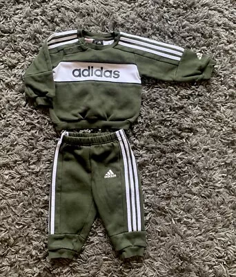 Adidas Khaki Green Essential Crew Tracksuit Baby Boy Age 6 - 9 Months White Logo • £6.50