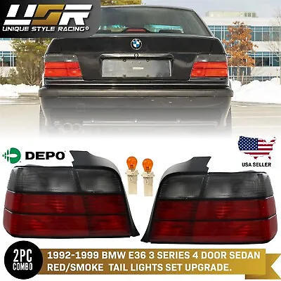 DEPO Pair Red/Smoke Rear Tail Lights For 1992-1998 BMW E36 3 Series 4 Door Sedan • $89.97