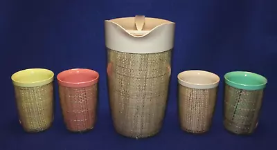 Vintage Raffia Ware Burlap Melamine Mugs With Handles And Pitcher 5 Piece Set • $47.50