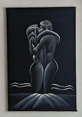 Vtg 70's Black Velvet Painting Lovers Couple Nude Man Women Embracing 24  X 36  • $179.99