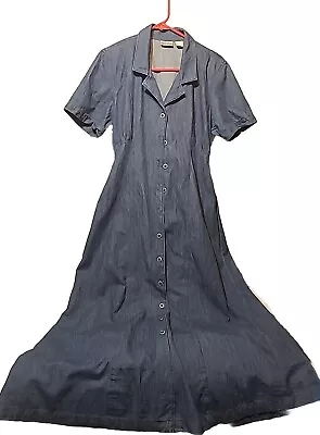 Vtg 90s Preppy Peasant Beachy Coastal Cottage  Denim Button Down Dress Sz L • $28.70