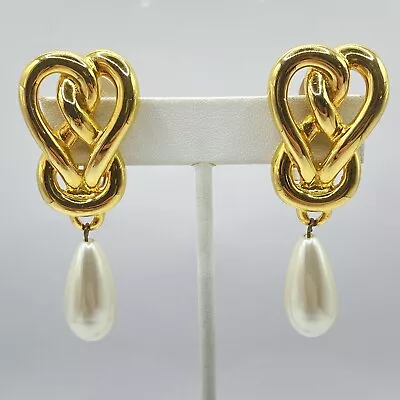 Vintage Marvella Clip Earrings Goldtone Teardrop Faux Pearl Knots 2.5 • $17.99