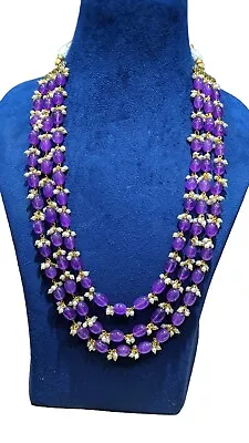 Three Layers Gemstone Beads Necklace/Handmade Indian Necklace/Wedding Mala Gifts • $18.60