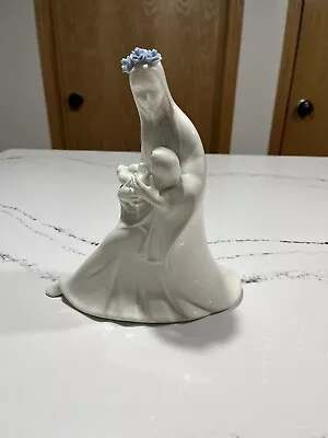 Vintage Ceramic Madonna Mary And Baby Jesus Figurine 9” Glossy White & Blue • $12