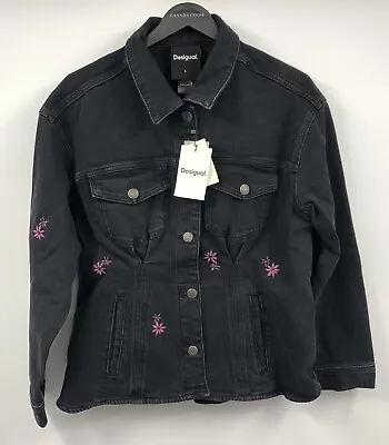 Desigual Womens Floral Design Black Denim Trucker Jacket • $119.64
