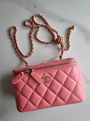 CHANEL 22S PINK RECTANGULAR LAMBSKIN PEARL CRUSH VANITY ON CHAIN W/ BRUSHED GHW • $6035