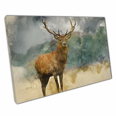 Watercolour Painting Of Majestic Powerful Red Deer Stag Wall Art Print On Canvas • £9.70