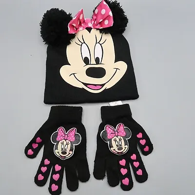 Disney Minnie Mouse Pom Pom Beanie Knit Winter Hat Cap With Gloves One Size • $6.96