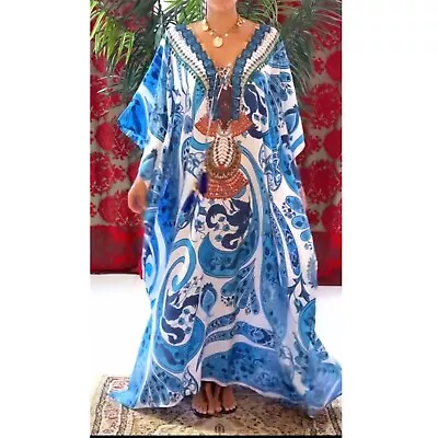 New Women Silk Mix Long Kaftan/ Resort Wear Soft And Flowy V Neck Free Size • $89