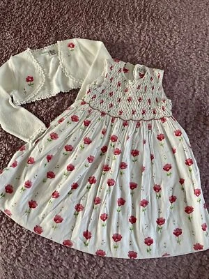 £30 • Buy Girls Designer Sarah Louise Summer Dress Age 4 Floral Smocking With Cardigan