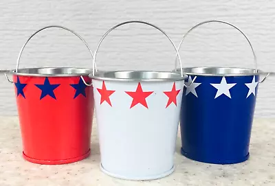 3pc Mini Tin Bucket Pail RED WHITE BLUE STARS 4TH OF JULY MEMORIAL DAY Set Of 3 • $4.95