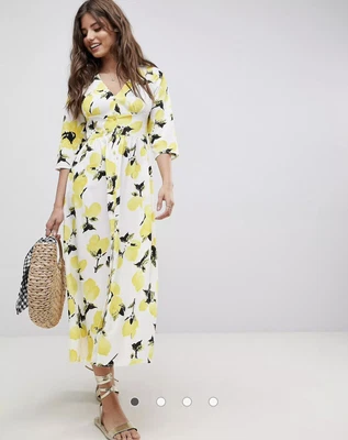 $15 • Buy ASOS Design Button Through Midi Dress In Lemon Print Size 14