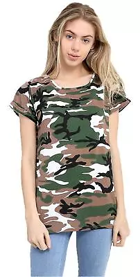 Womens Short Sleeve Top Wet Look Army Camo Green Red Tartan Check Print T Shirt  • £4.99