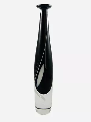 Hand Blown Art Glass Black White Table Bud Vase Swirl Pin Stripe MCM 12” SIGNED • £57.84