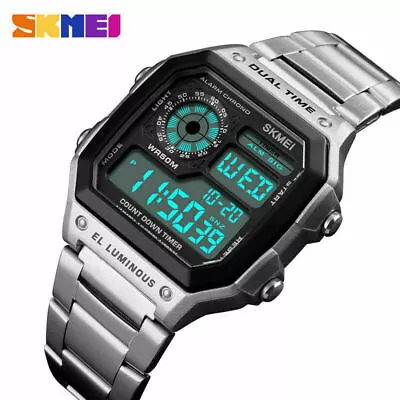 SKMEI Mens Watch Silver Digital Stainless Steel Waterproof Wrist Fashion Casual • £11.99