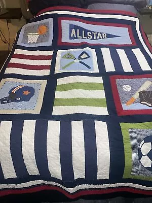 Pottery Barn Kids ALLSTAR SPORTS QUILT & 2 SHAM TWIN 84 X 64 BASEBALL SOCCER  ++ • $70