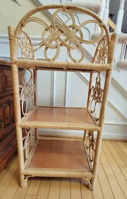 Boho Vintage Rattan Wicker Bamboo Three Tier Decorative Shelf • $335.98
