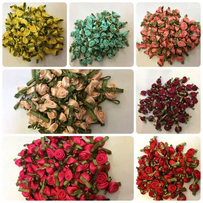 Small Mini Satin Rose Buds Flowers With Green Leaves For Applique Craft • £1.79