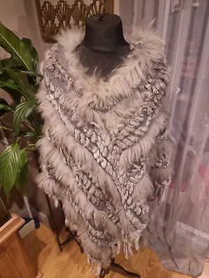 Maclauren Grey Rabbit Marmot Genuine Fur Tasselled Poncho With Hood - One Size • £35