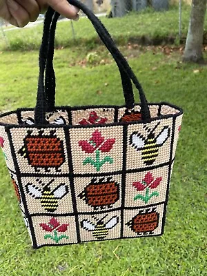 Vintage 70s Handmade Needlepoint Lady Bug Bee Flowers Small Tote Bag Purse • $35