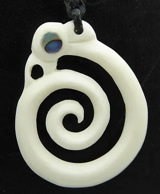 Maori Hand Carved New Zealand Water Buffalo Bone Paua Shell Koru Spiral Pendant • $9.99