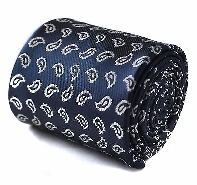 Frederick Thomas Designer Mens Tie - Dark Navy Blue - Tiny Paisley Patterned • £15.99