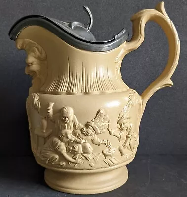 £24 • Buy Antique Buff Stoneware Smoking Party And Card Party Jug C 1840