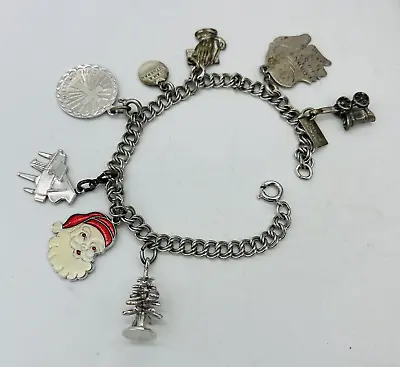 Vintage Sterling Silver Double Link CHARM BRACELET With 8 Charms • $39.99