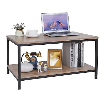 $43.58 • Buy Deep/Light 2-Tier Wood Coffee Table With Open Shelf And Metal Frame Living Room 
