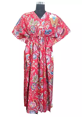 Indian Cotton Red Floral Printed Kaftan Dress Women's Clothing Kaftan Dress AU • $33.75