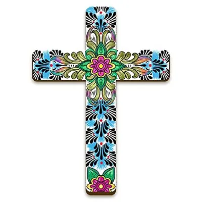 Floral Cross Wall Decor Hand Painted Decorative Inspirational Wooden Cross Spani • $11.38