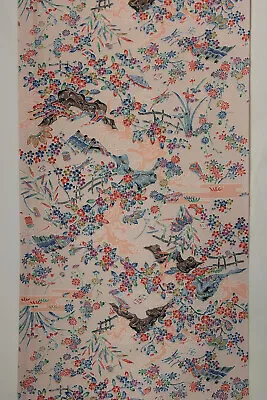 Vintage Japanese Kimono Silk Chirimen Fabric Pink Garden Landscape Floral 5 • £15