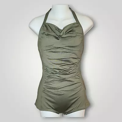 RETRO Swimsuit Womens S Olive Green One Piece Halter Beach Pool Swimwear PIN UP • $12.99