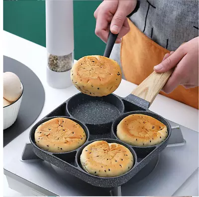 4 Hole Omelet Pan For Burger Egg Ham Pancake Maker Wooden Handle Frying Grill UK • £8.79