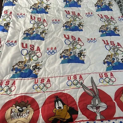 Vtg 1995 Looney Tunes Olympics Twin Comforter Bugs Taz Daffy RARE USA Repaired • £41.01