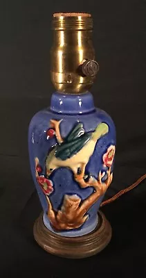 Vtg Boudoir Night Light Blue Ceramic Wood Base Bird Floral Mid Century Lamp • $39.95
