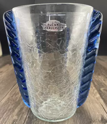 Vintage BLENKO Ear Vase #473 Blown Clear Crackle With Blue Sides • $31.99