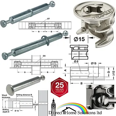 HAFELE MINIFIX Ø15mm CAM LOCKS + SPECIAL BOLTS DOWELS FOR 8mm HOLES FURNITURE • £7.27